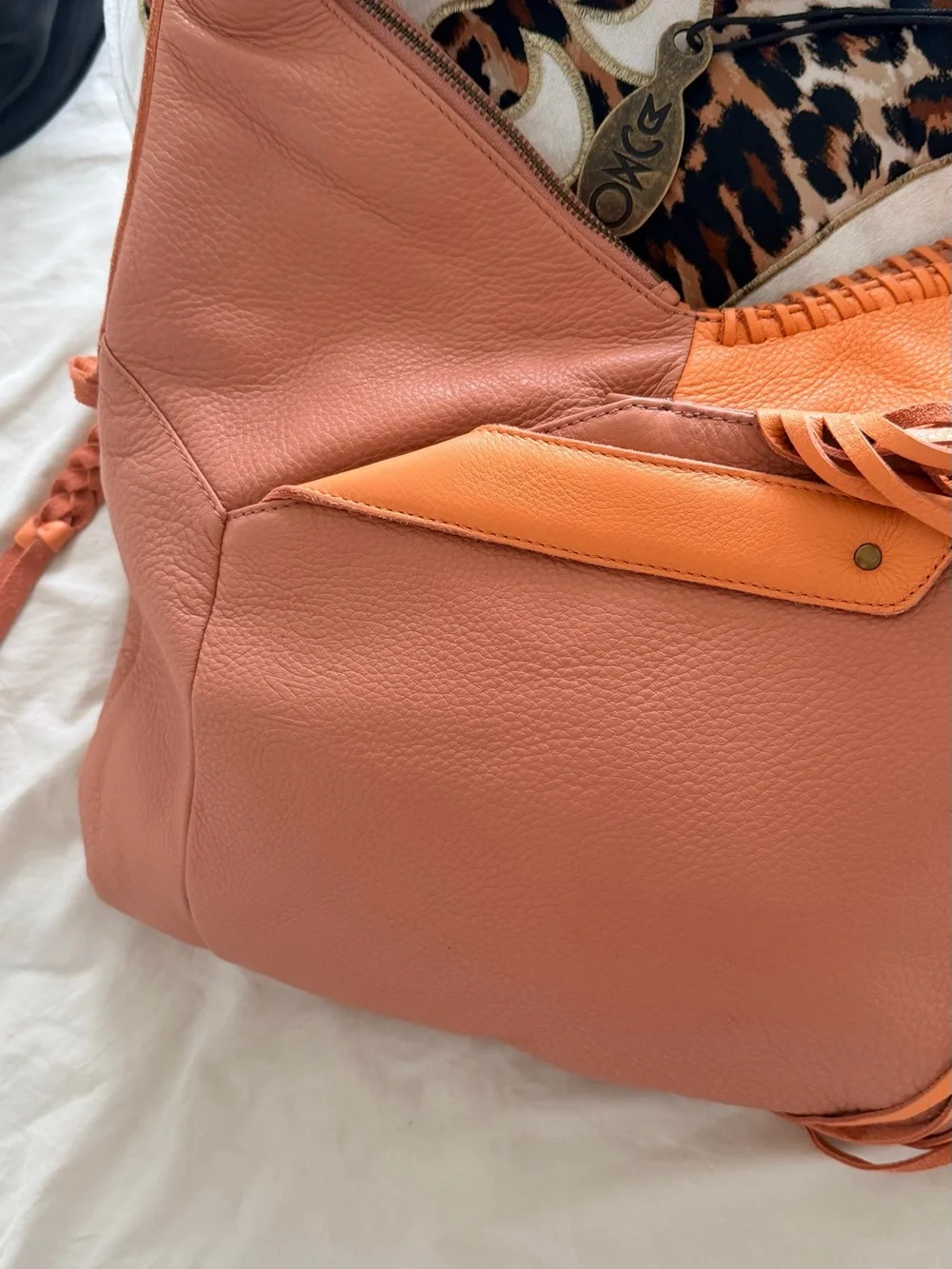 Vintage MUXO Camila Alves Leather Fringe Hobo Bag Rare Rose Peach